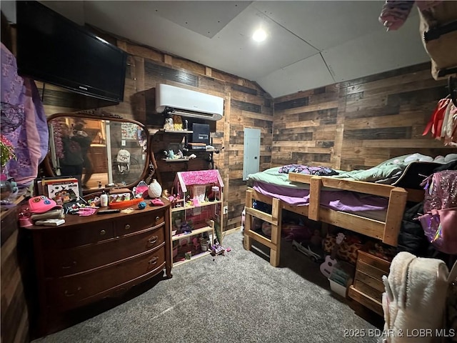 bedroom featuring wooden walls, carpet floors, a wall mounted AC, and lofted ceiling