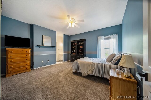 bedroom featuring baseboards, carpet, and ceiling fan