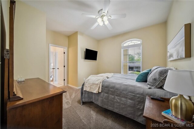 bedroom featuring baseboards, a ceiling fan, and carpet flooring
