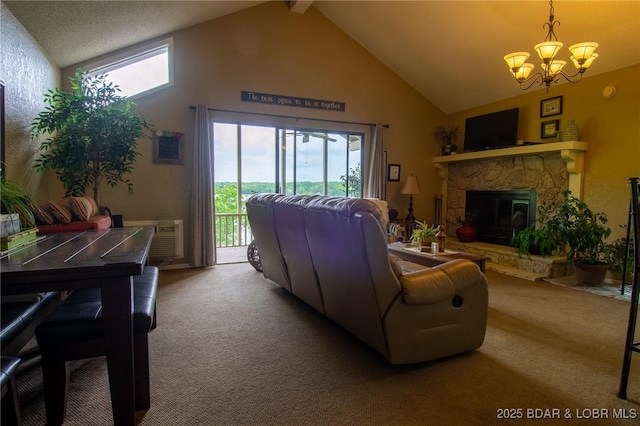362 Hopetown Dr, Osage Beach, MO 65065 - carpeted living room with high vaulted ceiling, a notable chandelier, and a stone fireplace