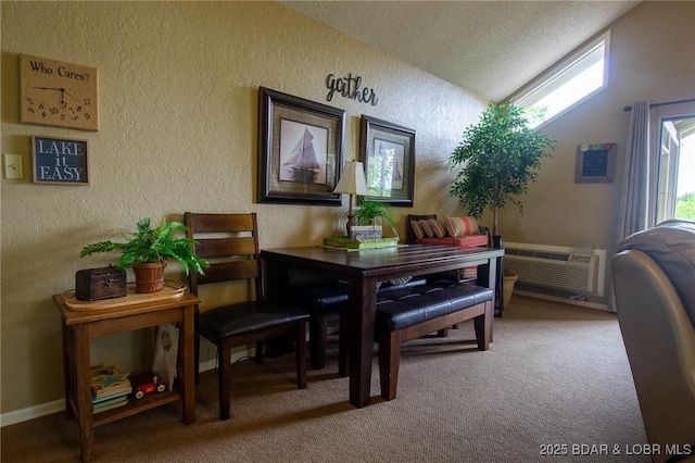 362 Hopetown Dr, Osage Beach, MO 65065 - dining area with carpet, a textured wall, a textured ceiling, and vaulted ceiling