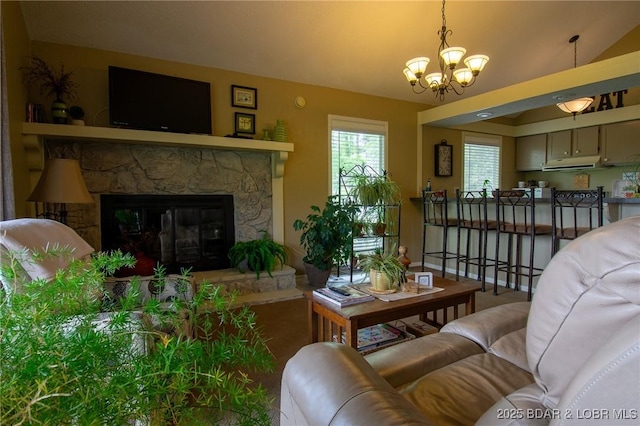 362 Hopetown Dr, Osage Beach, MO 65065 - living area with a stone fireplace and a chandelier