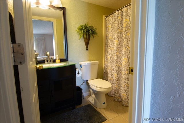 362 Hopetown Dr, Osage Beach, MO 65065 - full bath with curtained shower, tile patterned floors, vanity, toilet, and a textured wall