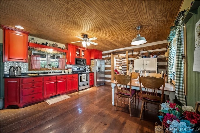 kitchen featuring wood ceiling, a sink, dark countertops, dark wood-type flooring, and appliances with stainless steel finishes