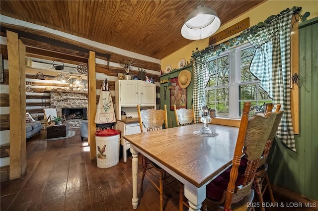 129 Vaughan Rd, Eldon, MO 65026 - dining room with wood ceiling, dark wood finished floors, and a fireplace