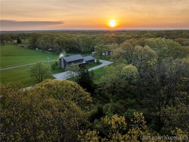aerial view at dusk with a wooded view and a rural view