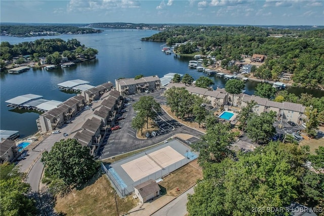 drone / aerial view with a water view