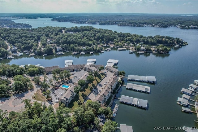 drone / aerial view featuring a water view
