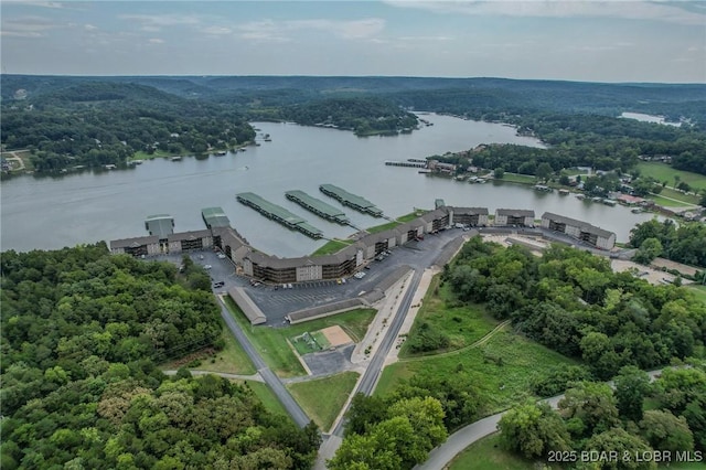 bird's eye view featuring a view of trees and a water view
