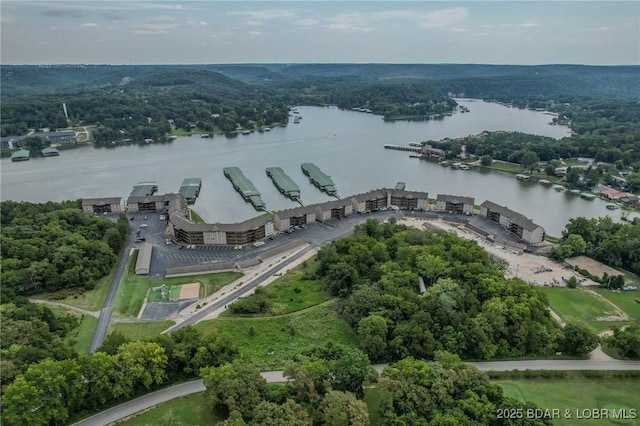 aerial view with a water view and a wooded view
