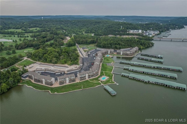 bird's eye view featuring a water view and a view of trees