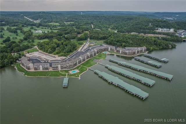 aerial view featuring a water view and a wooded view