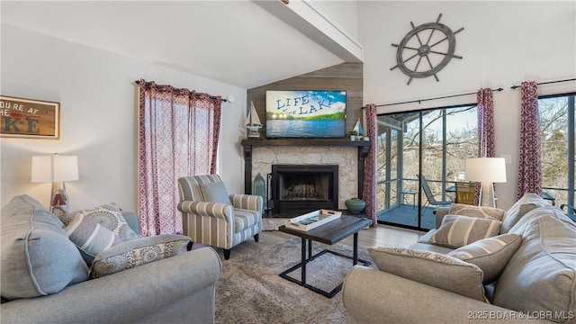 living area featuring high vaulted ceiling, wood finished floors, and a fireplace