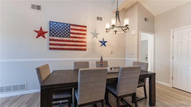dining room featuring an inviting chandelier, wood finished floors, and visible vents
