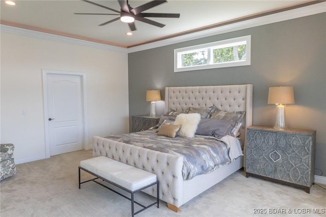 bedroom featuring recessed lighting, ornamental molding, baseboards, and carpet floors
