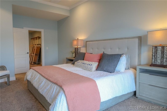 bedroom featuring carpet floors, baseboards, and crown molding