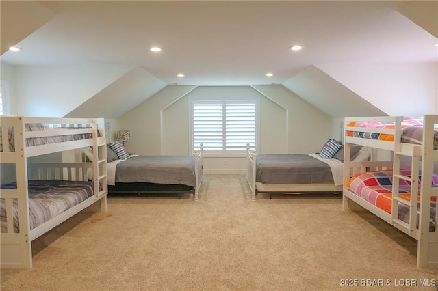 bedroom featuring carpet, vaulted ceiling, and recessed lighting