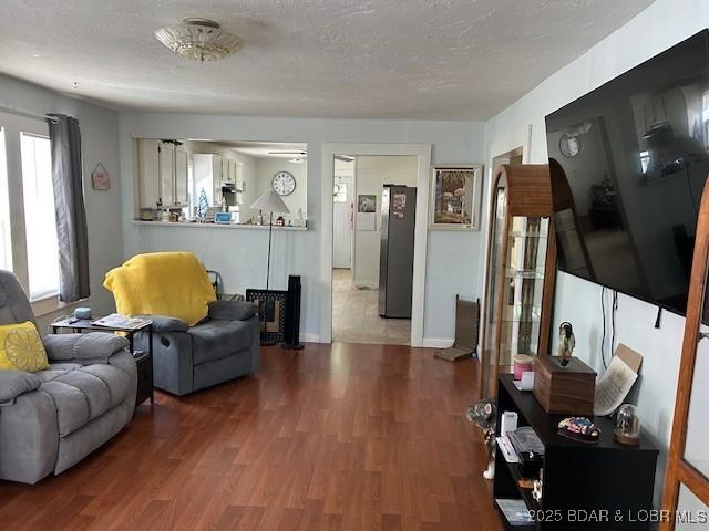 living area featuring a textured ceiling and wood finished floors