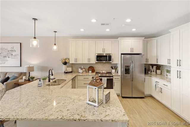 166 Captiva Dr Unit 5B, Sunrise Beach, MO 65079 - kitchen with backsplash, visible vents, appliances with stainless steel finishes, a sink, and a peninsula