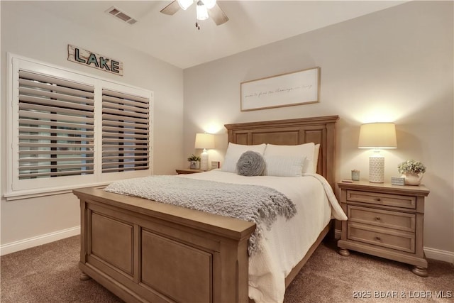 166 Captiva Dr Unit 5B, Sunrise Beach, MO 65079 - bedroom with baseboards, visible vents, ceiling fan, and light colored carpet