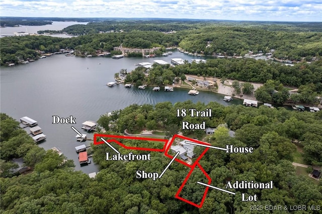 18 Trail Rd, Eldon, MO 65026 - birds eye view of property with a view of trees and a water view