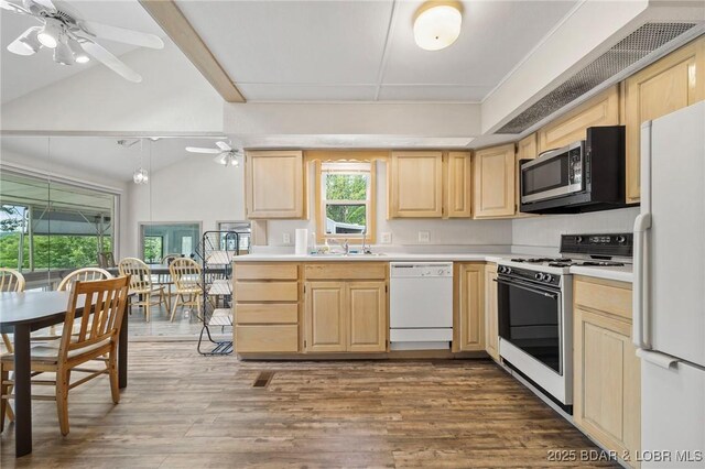 18 Trail Rd, Eldon, MO 65026 - kitchen with light brown cabinetry, ceiling fan, a sink, white appliances, and dark wood-type flooring