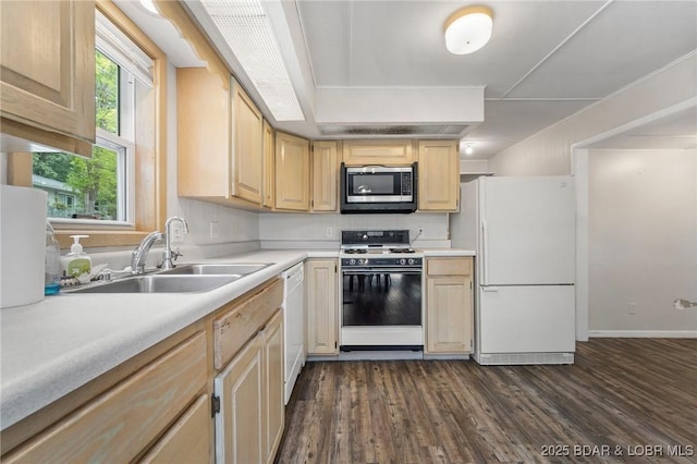 18 Trail Rd, Eldon, MO 65026 - kitchen with light brown cabinetry, white appliances, dark wood-type flooring, light countertops, and a sink