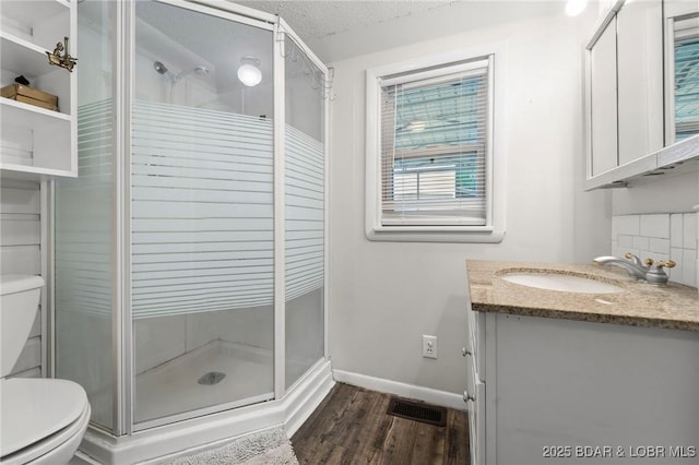 18 Trail Rd, Eldon, MO 65026 - full bathroom featuring toilet, visible vents, a shower stall, and wood finished floors