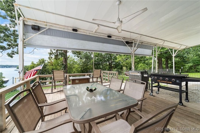 18 Trail Rd, Eldon, MO 65026 - wooden terrace with a water view, a ceiling fan, and outdoor dining space