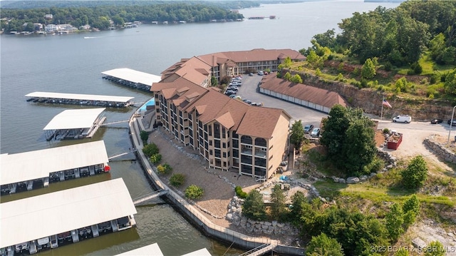 bird's eye view with a water view