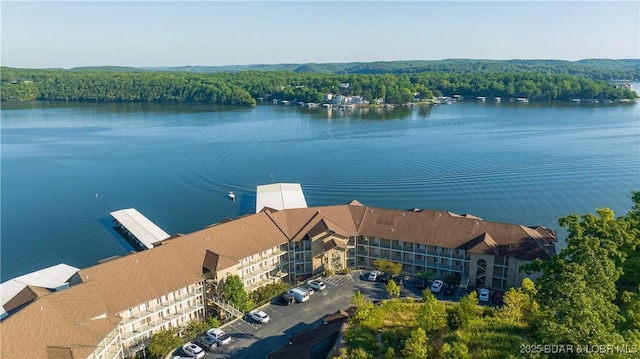 birds eye view of property featuring a water view and a forest view