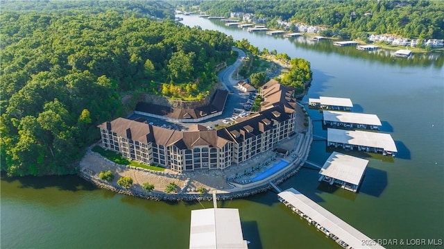 aerial view with a water view and a view of trees