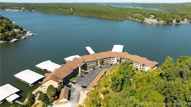 aerial view featuring a water view and a wooded view