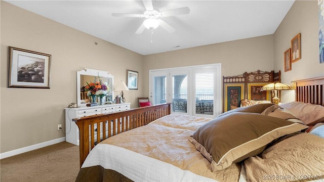 bedroom with carpet floors, baseboards, and ceiling fan