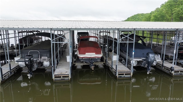 view of dock featuring boat lift and a water view