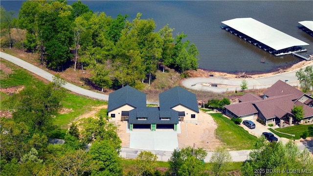drone / aerial view with a water view