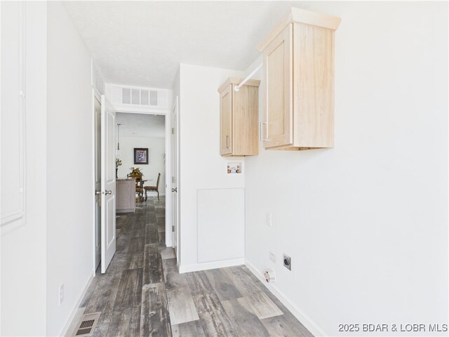 9A Pinkie Ln, Laurie, MO 65037 - laundry room featuring cabinet space, dark wood-style flooring, hookup for an electric dryer, and visible vents