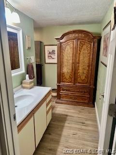 145 Costa Del Sol Dr Unit 2A, Lake Ozark, MO 65049 - bathroom featuring a textured ceiling, wood finished floors, and vanity