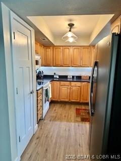 145 Costa Del Sol Dr Unit 2A, Lake Ozark, MO 65049 - kitchen featuring white appliances, light wood finished floors, a raised ceiling, and dark countertops