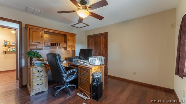 office area featuring ceiling fan, visible vents, dark wood-style floors, and baseboards