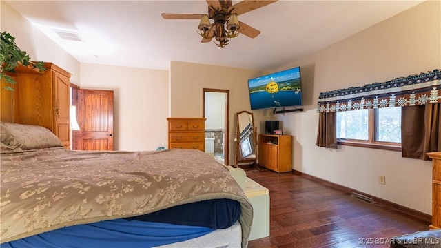 bedroom with baseboards, a ceiling fan, dark wood-style flooring, and visible vents