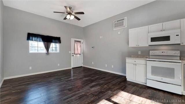 kitchen with dark wood-style flooring, white appliances, open floor plan, ceiling fan, and white cabinetry