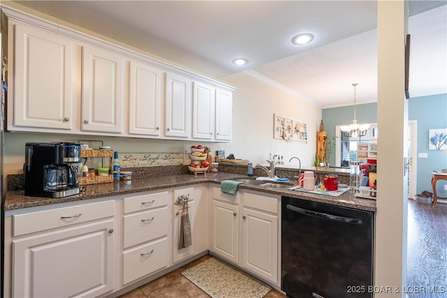 kitchen featuring white cabinets, a notable chandelier, ornamental molding, black dishwasher, and recessed lighting