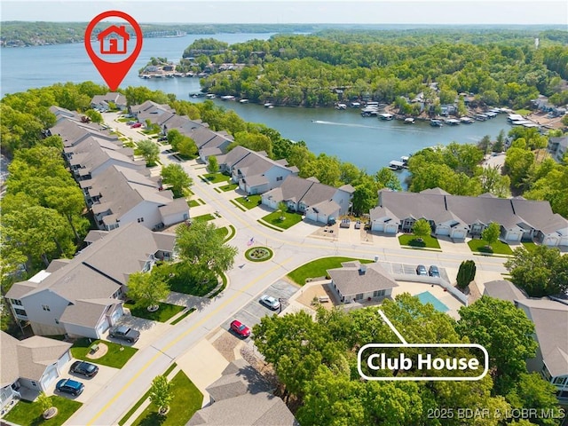 aerial view featuring a water view and a residential view
