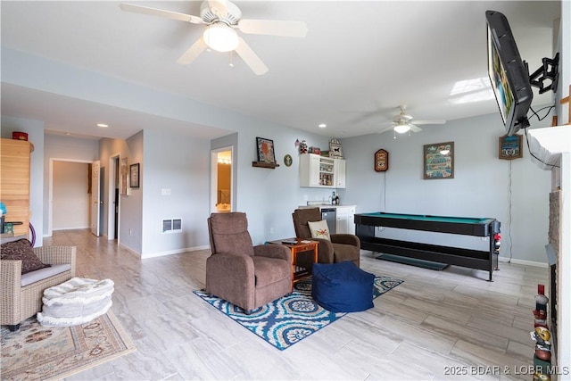 living area featuring visible vents, baseboards, ceiling fan, recessed lighting, and pool table