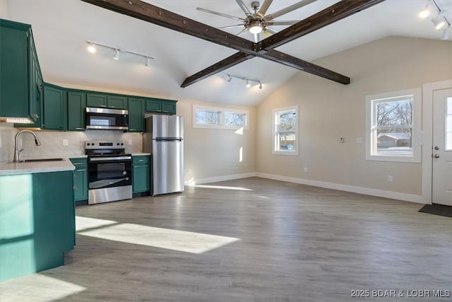 kitchen featuring green cabinetry, stainless steel appliances, rail lighting, and a sink
