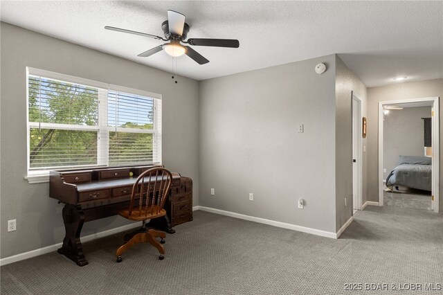 20168 Lost Valley Rd, Warsaw, MO 65355 - home office with a ceiling fan, carpet floors, baseboards, and a textured ceiling
