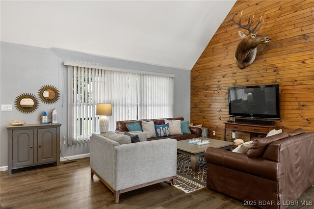 20168 Lost Valley Rd, Warsaw, MO 65355 - living room with wooden walls, high vaulted ceiling, and wood finished floors