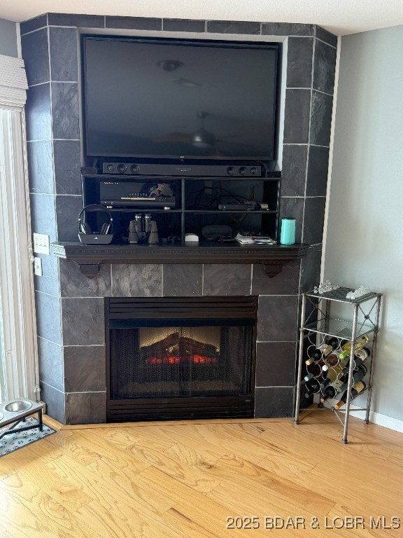 room details featuring baseboards, a fireplace, and wood finished floors