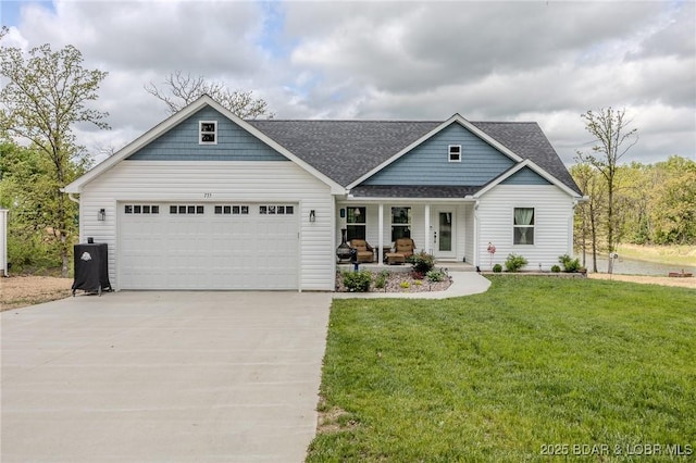 view of front of house featuring a porch, a front yard, a garage, concrete driveway, and a shingled roof